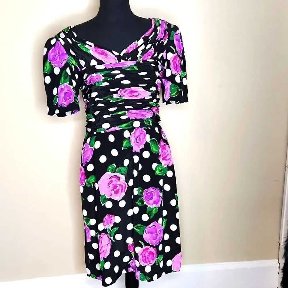 True Vintage 90s Ruched Waist Floral Rose Polka Dot Dress Women’s XS Puff Sleeve